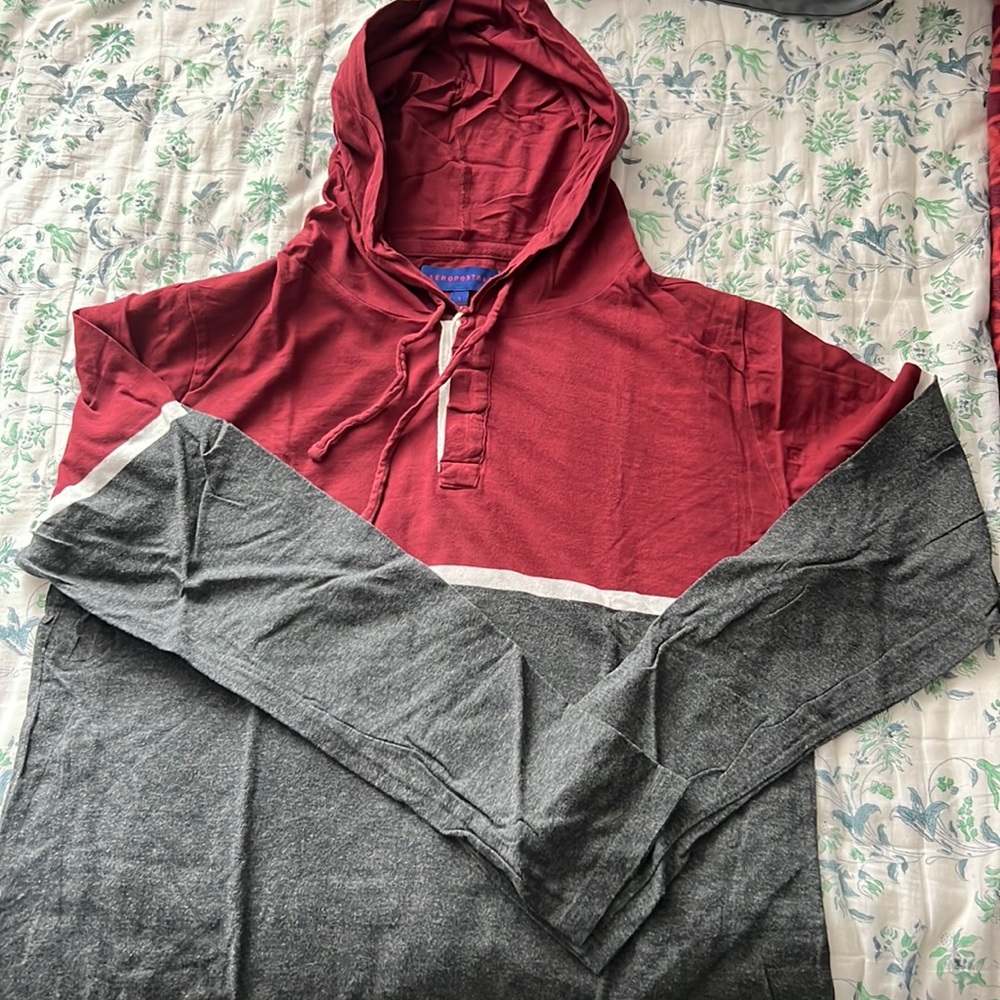 Aeropostale Grey-Maroon Hooded Full Sleeve - Large